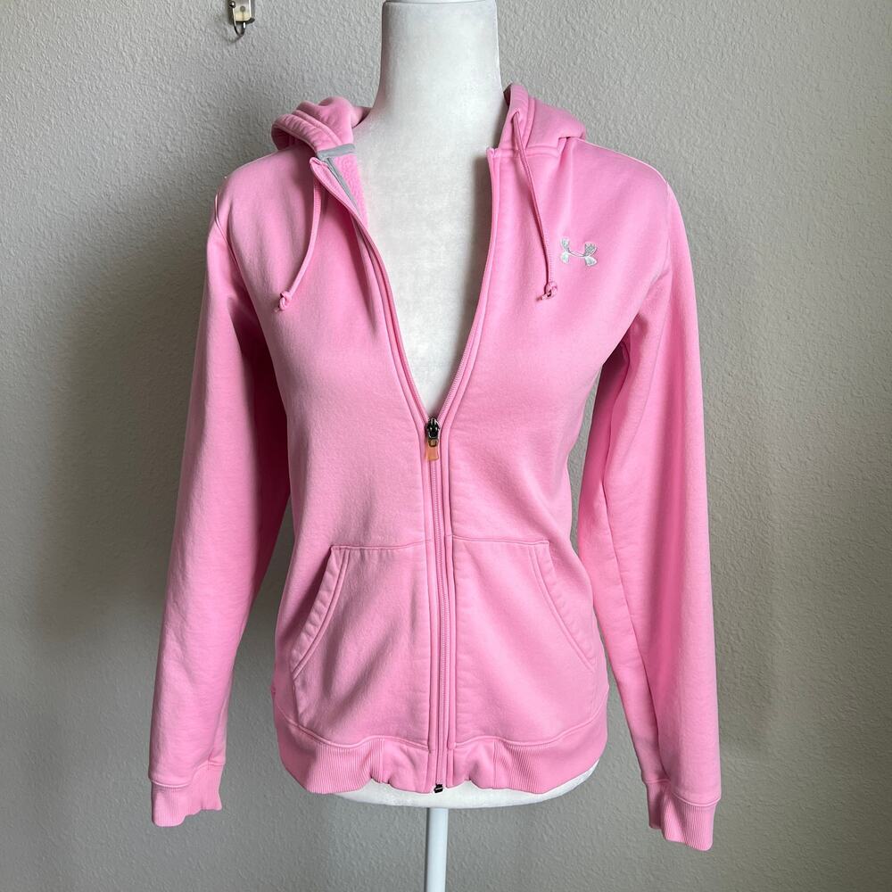 Under Armour Pink Full Zip Hoodie Sweatshirt Women's Medium Logo Pocket Comfort